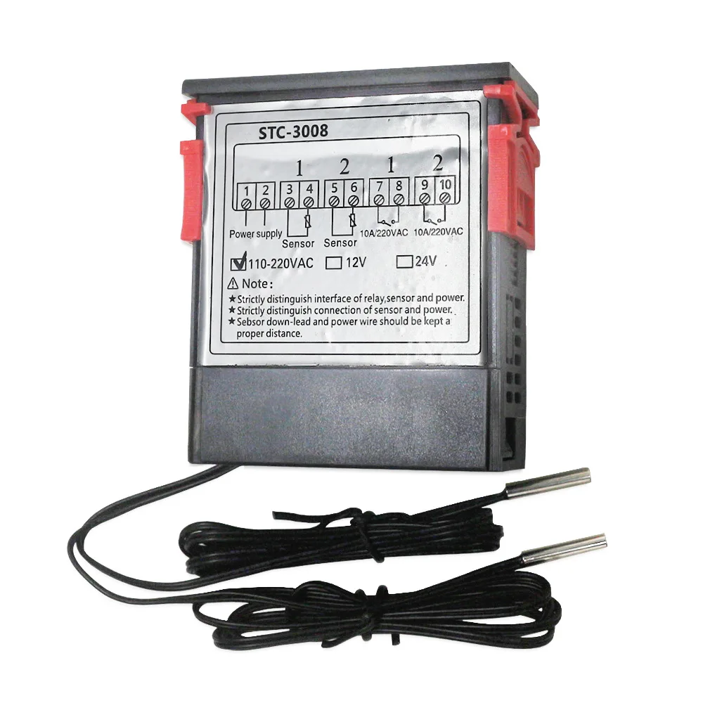 Controlador de temperatura Digital Dual STC-3008, calentador de termostato de dos salidas de relé con sonda de 12V, 24V, 220V, calor frío para refrigerador doméstico