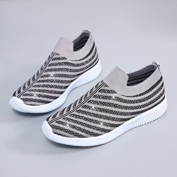 AGUTZM Women's Ladies Ankle Shoes Flat Loafers Crystal Bling Sneakers Casual Ladies Slip On Breathable Casual Shoes h41: Gray / 9