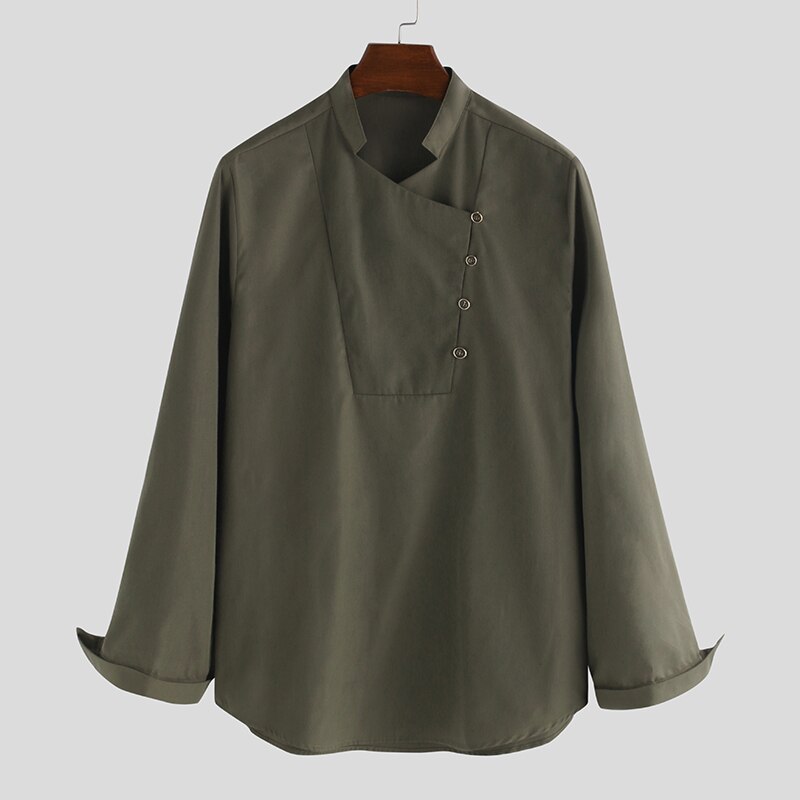 Män vintage skjorta långärmad indiska kläder stativ krage streetwear muslimska toppar solida fritidsskjortor kurtas incerun s -5xl: Armégrön / S