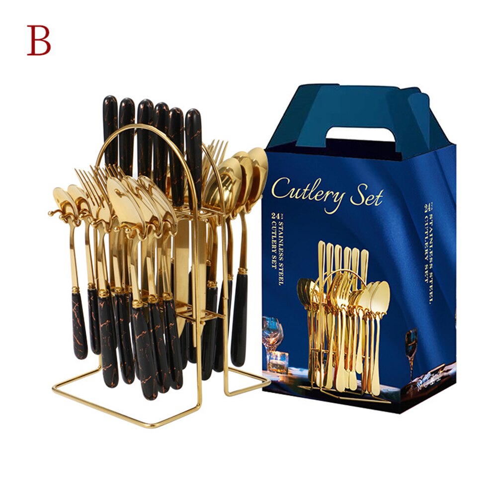 24Piece Gold Silverware Set Service for 6 Premium Stainless Steel Flatware Set With Box Include Knife Fork Spoon Knife: 15