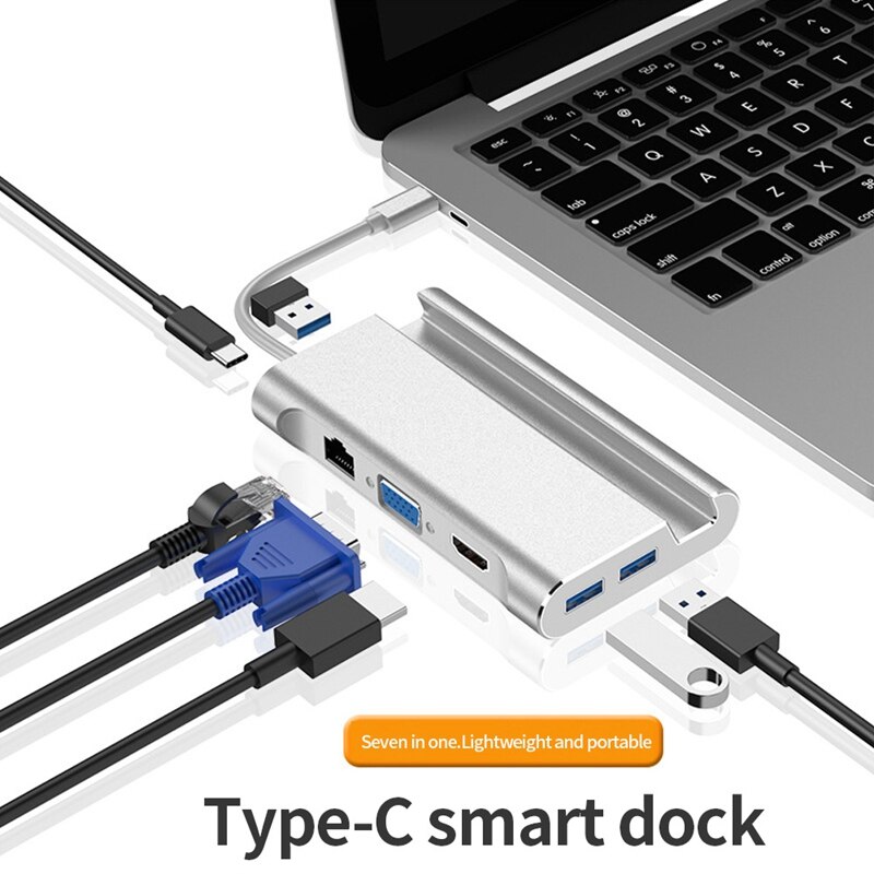 7 in 1 di Tipo C attracco stazione Hdmi USB 3.0 HDMI VGA RJ45 PD USB centro Adattatore per il computer Portatile pro molo centro-Nero