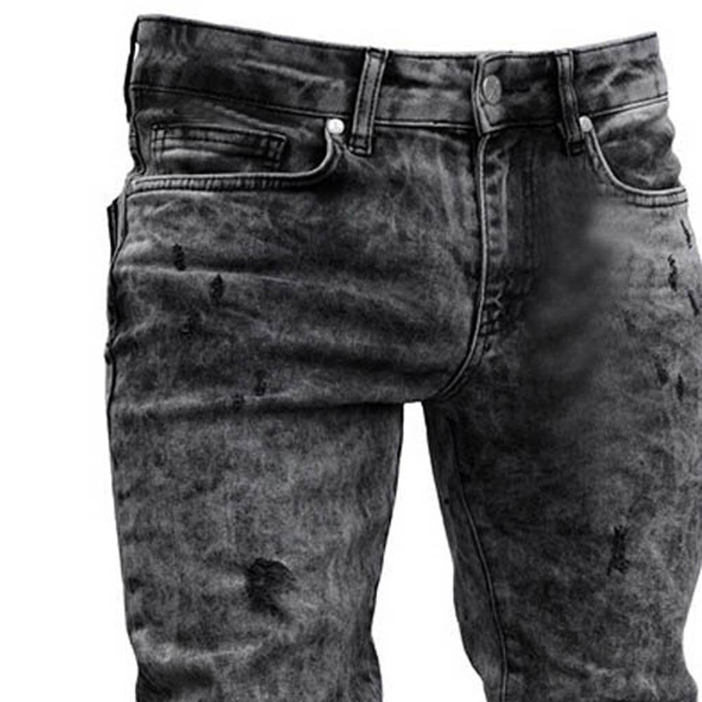 Men Knee Ripped Jeans Distressed Hole Biker Jeans Street Hip Hop Pencil Pants Black Stretch Skinny Fit Bottom Zipper Jeans