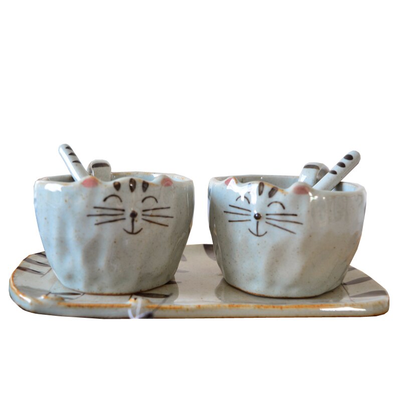 Cute Cat Coffee Mugs Saucer Spoon Cartoon Tea Cups Drinkware
