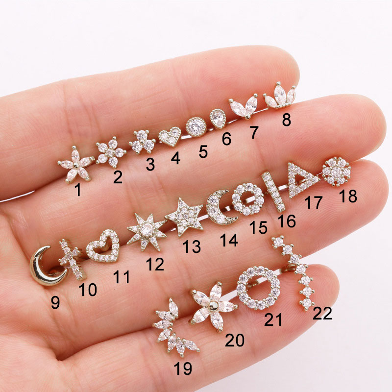 Piercing de oreja de circonita para mujer, pendientes de tuerca de acero inoxidable, Luna, flor, cartílago, hélice, Tragus, Rook, joyería plana, 1 ud.: Transparente / Rodio plateado