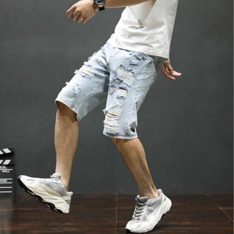 Men Light Blue Denim Shorts Holes Shorts Jeans Good Men Cotton Slim Fit Casual Jeans Shorts Large Size Straight Jeans 42