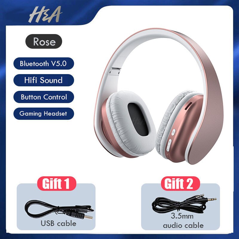 HiFi Stereo Bluetooth Headphone with Mic Foldable Wireless Headset Gaming Earphone for Phone Tablet Support FM Radio and TF Card: Pink