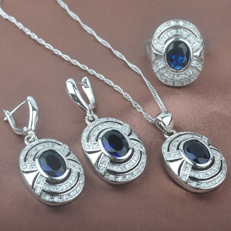 Shining Blue Zirconia Women's Silver Color Wedding Jewelry Sets Ring Necklace And Earrings Set TZ099