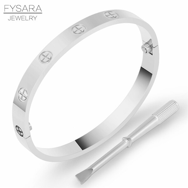 FYSARALuxury Titanium Steel Classic Crystals Cross Bangles Women Men Screwdriver Wristband Bangle Couple Gold Love Screw Bangles: Silver No Stone / inner perimeter19cm