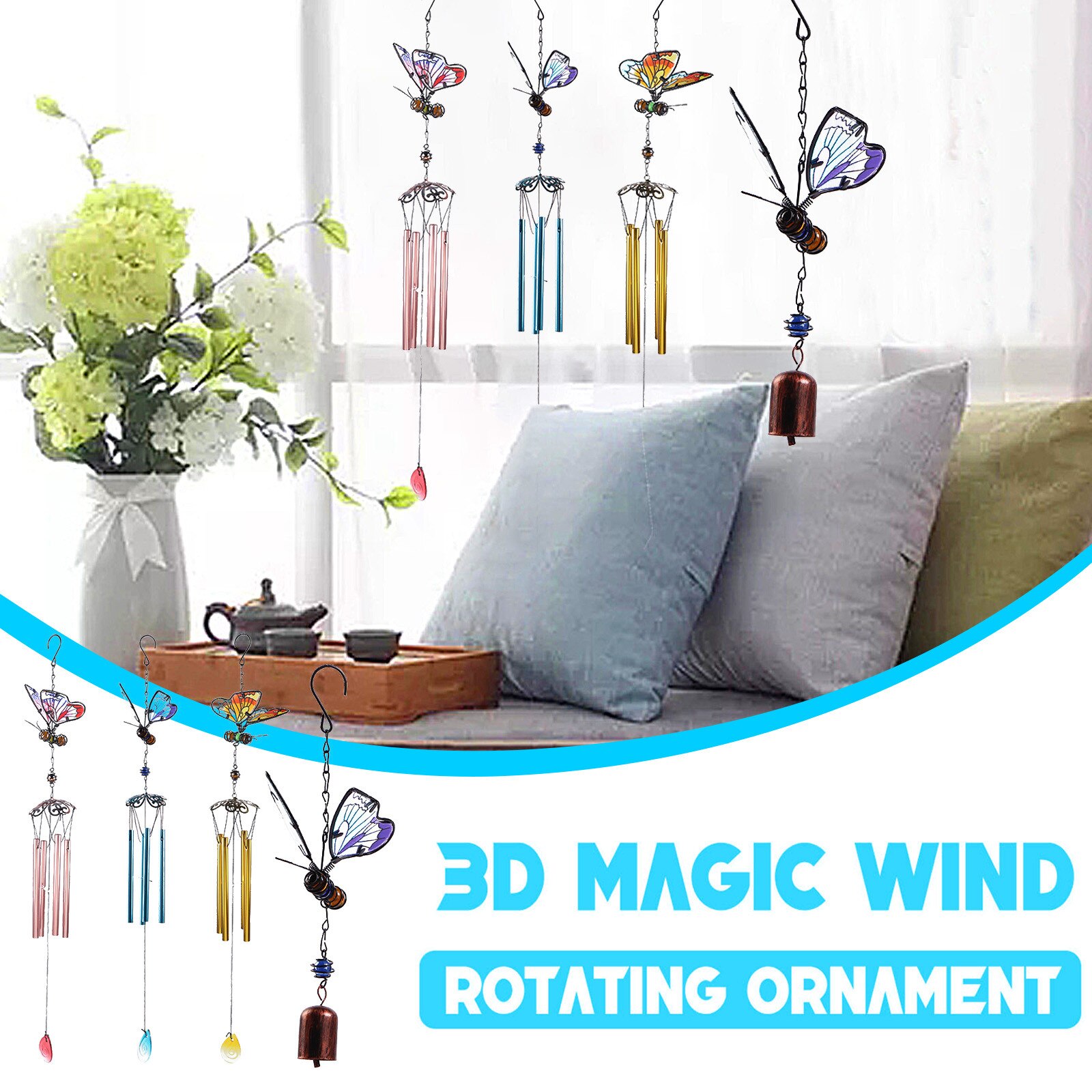 3D Three-dimensional Butterfly Iron Crafts Wind Chimes Metal Glass Pain Ornament Garden Decor Painted Bell Wind Chime