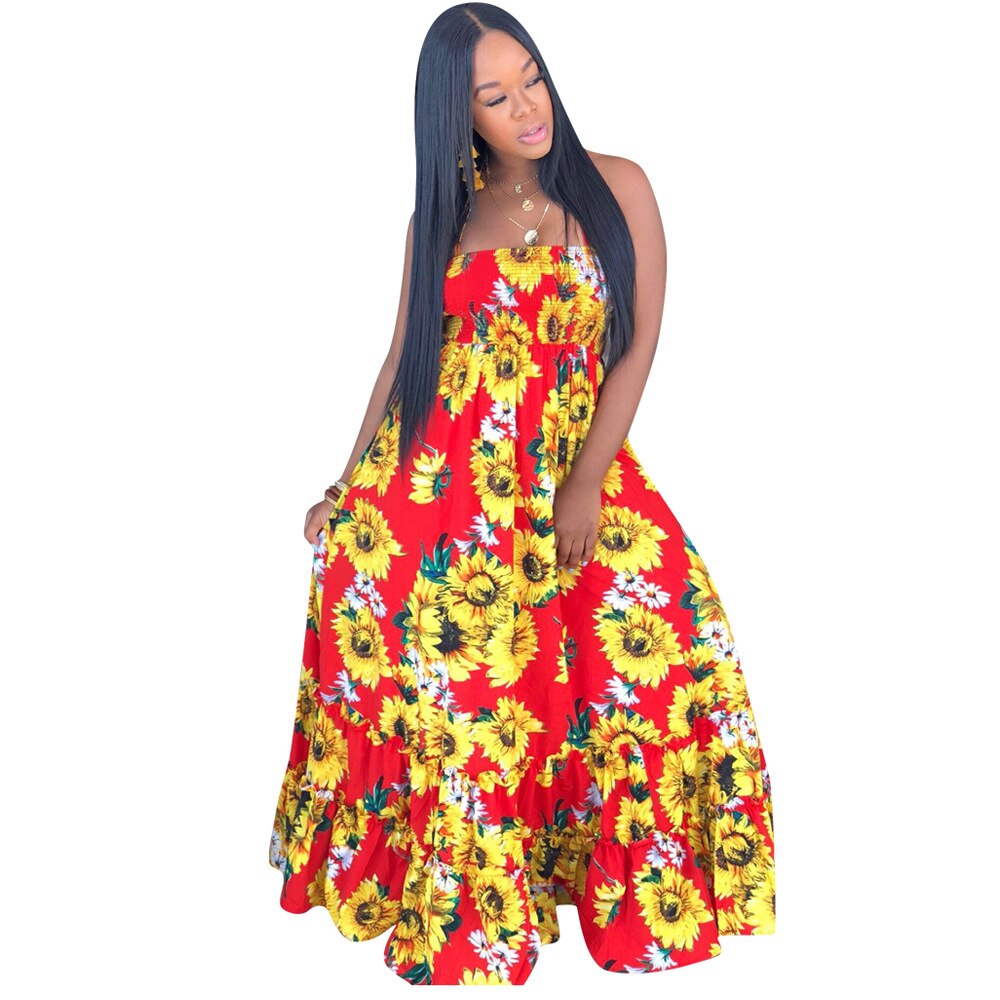Vestido largo femenino de verano con estampado de girasol, traje largo vintage con estampado de girasol para mujer, cuello hatler, sin mangas, swing grande, vestidos largos a la , GlSMN3087,: Rojo / S