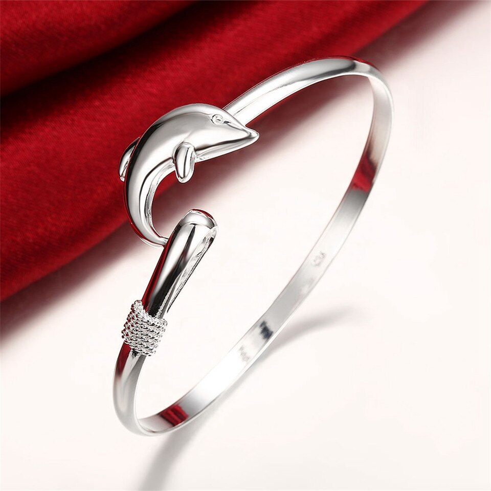 Bracelet ouvert en argent 925 avec dauphin pour femmes, bijoux de fête de mariage, ,