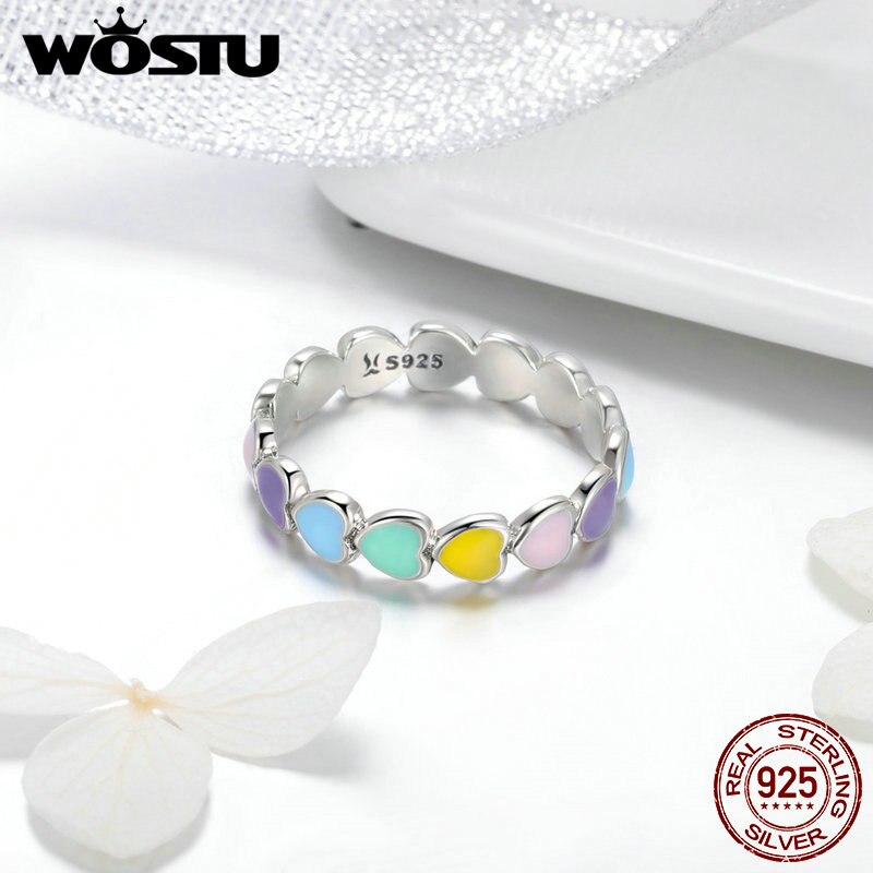 WOSTU 925 Sterling Silver Rings Demon Eye Rainbow Heart &amp; Paw Colorful Finger Rings For Women Female Fine Jewelry