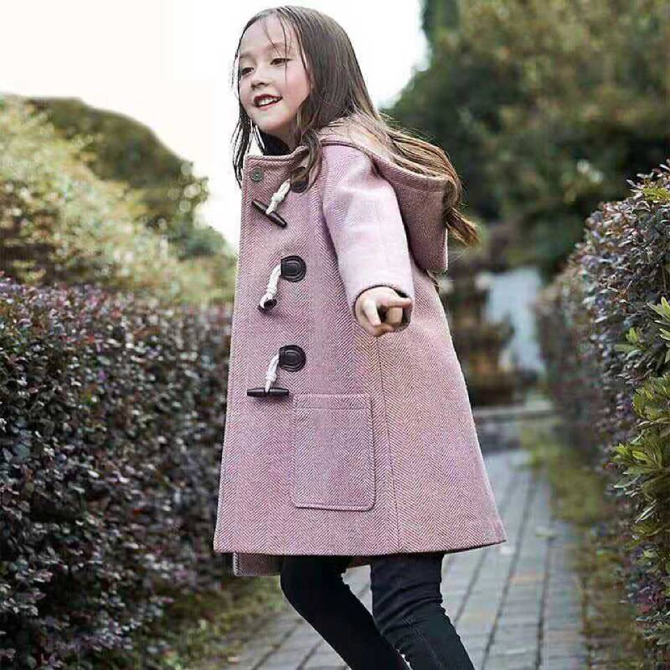Toddler Girl Wool Coat Girls Coats England Style Horn Buckle Long Wool Jacket Coat Thicken outwear 4-14 Yrs Kids Cloth: 4