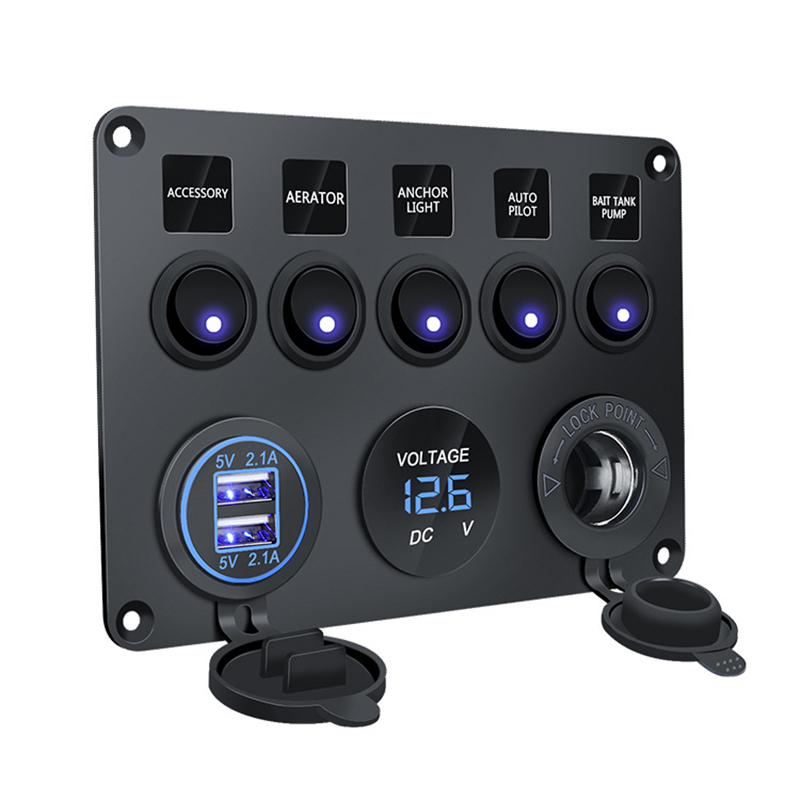 12 v 24 v Für Boot Yacht 5 Gang Marine Boot Schalter Panel Led Wasserdichte Schaltung Mit Voltmeter Dual USB ladegerät Panel Schalter: Blau