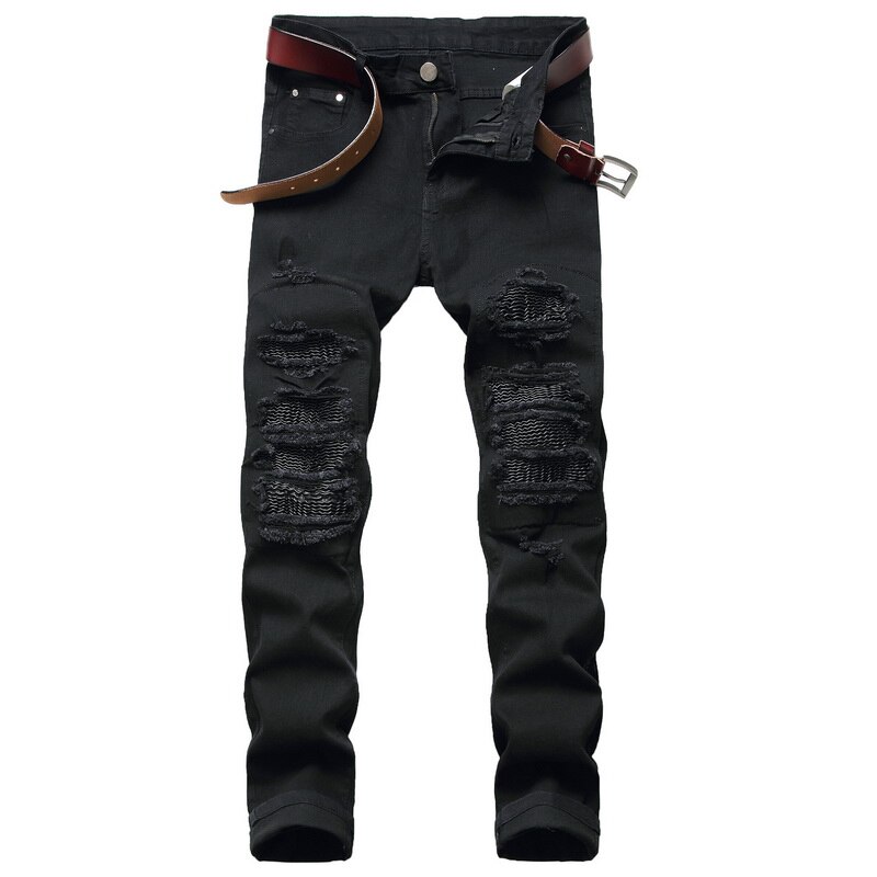 automne printemps hommes déchiré rue HIP HOP Punk Stretch vélo jean à la trous droite Denim pantalon: P8009  1 / 40 INCH USA SIZE