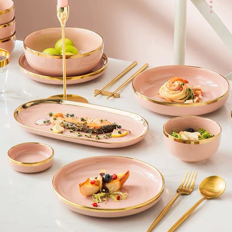 Pink Ceramic Dinner Plates Dishes Tableware Set Cake Food Plates Salad Soup Bowl Dinnerware Set for Restaurant Hotel