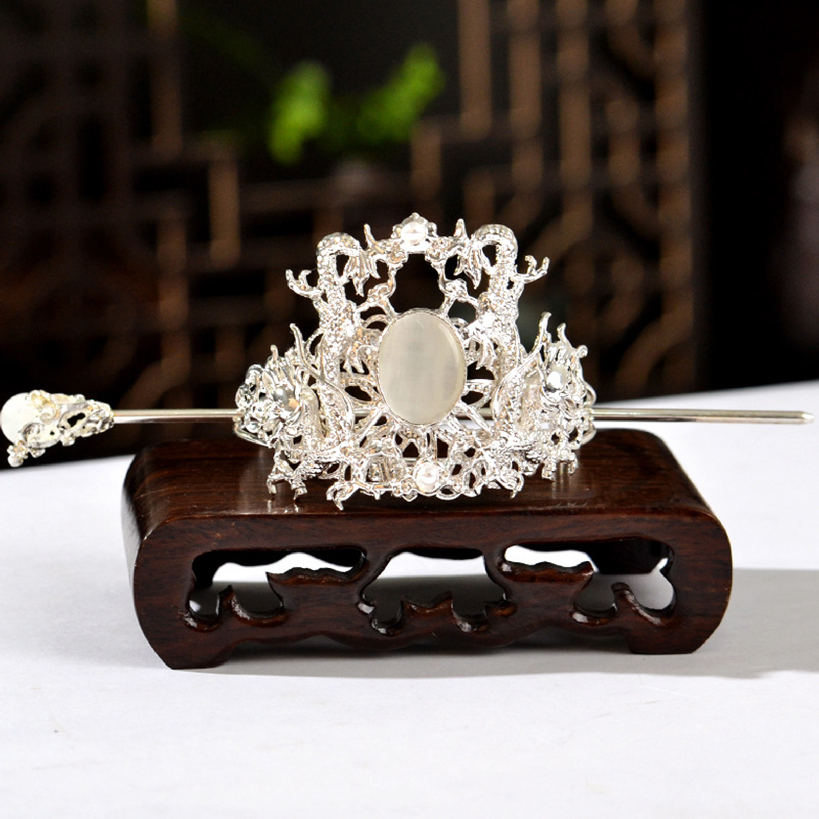 Horquillas chinas para mujer y hombre, horquillas Retro Para Coleta, soporte para el pelo, Color dorado y plateado, perlas de Metal, corona, Tiara, joyería para el cabello largo: PLATEADO
