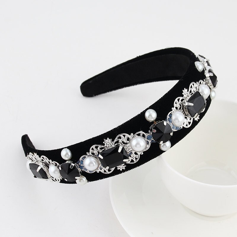 Hair Accessories Baroque Jeweled Pearl Hairband Crystal Rhinestone Bezel Velvet Satin Headband For Women Girls: Pattern 19