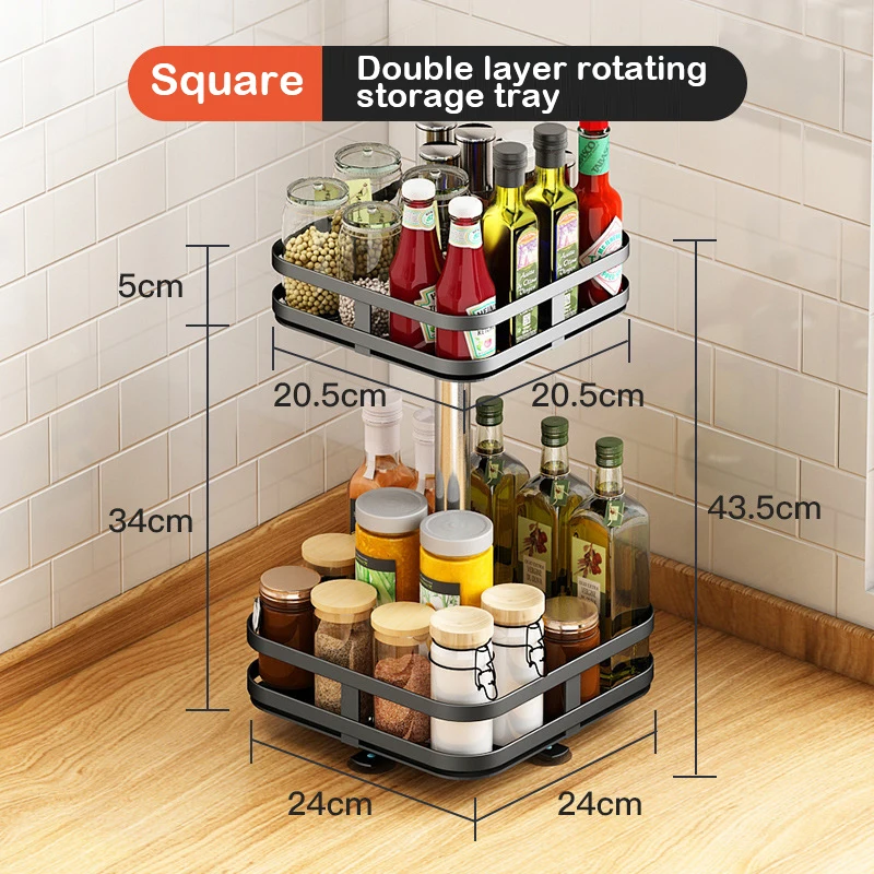 Rotation Condiment Rack Multifunctional Carbon Steel Flavour Storage Tray Round Seasonings Spice Organizer for Kitchen: DARK GRAY