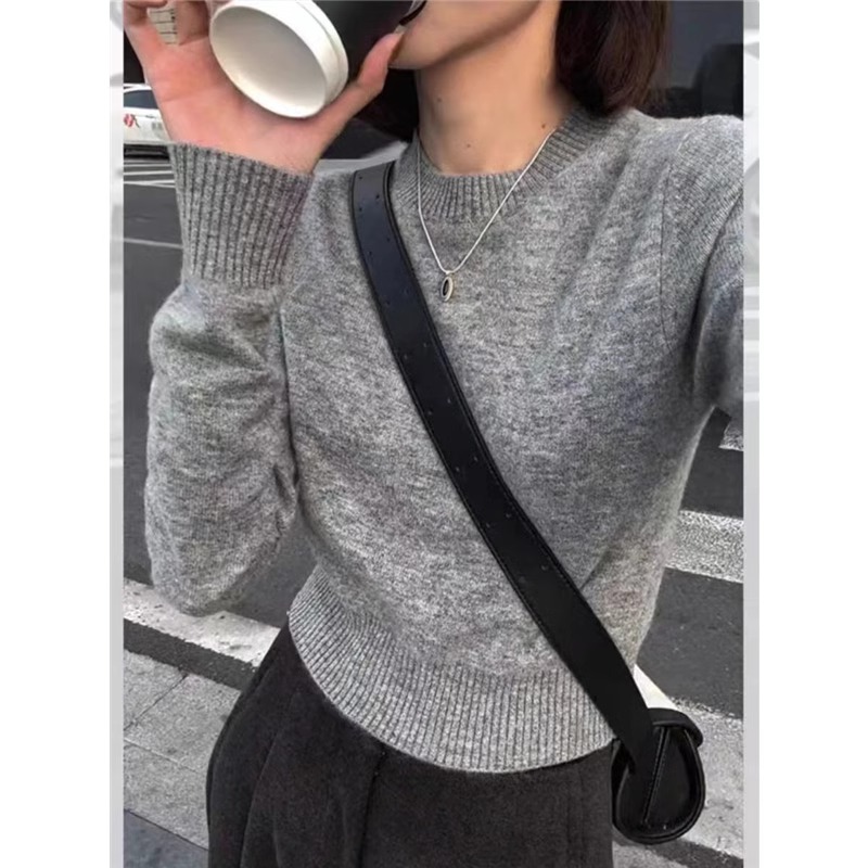 Camisola pequena de caxemira gola redonda para mulheres, estilo francês, camisa base curta solta simples, lã pura, primavera e outono: S / CÉU AZUL