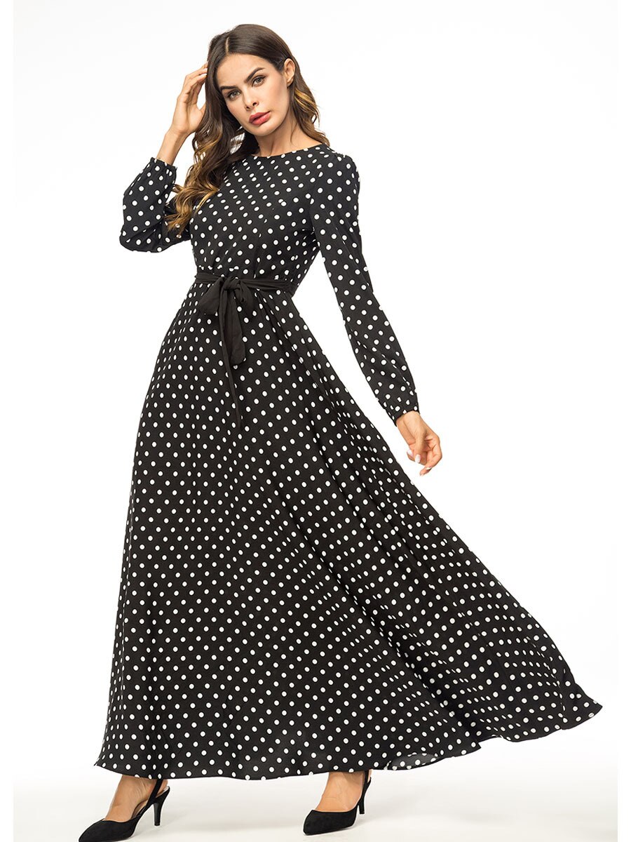 Muslim Dress Islamic Clothing Autumn Gown Simple Caftan Marocain Wave Point Swing Abaya Femme Musulmane Dress