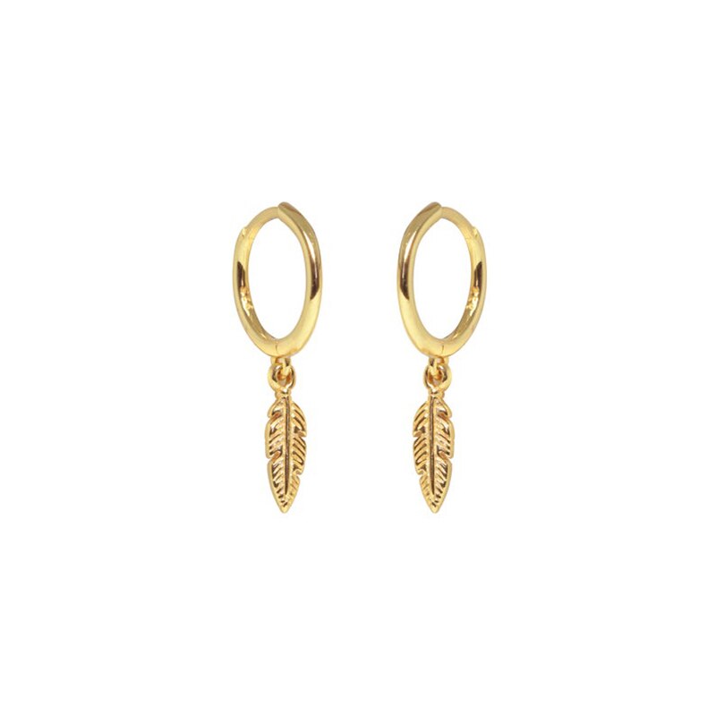 Aide 925 Sterling Zilver Goud Hoepel Oorbellen Voor Vrouwen Meisjes Luxe Veer Hanger Kleine Cirkel Oorbel Partij Fine Jewelry: gold color