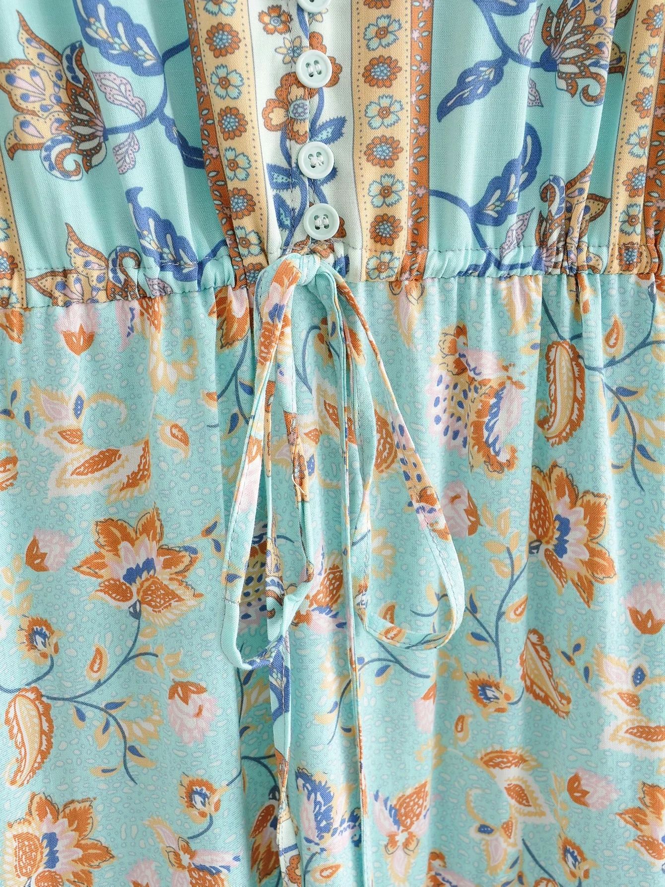Bee Floral Art Print V-Neck Flare Sleeve Vintage Elegant Dress