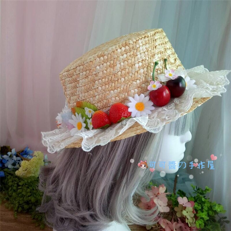 Diy Hand Made Lolita Zachte Zus Zoete Japanse Meisje Stro Hoed Kant Kleine Aardbei Pastorale Dagelijks Sen Hoed: Strawberry