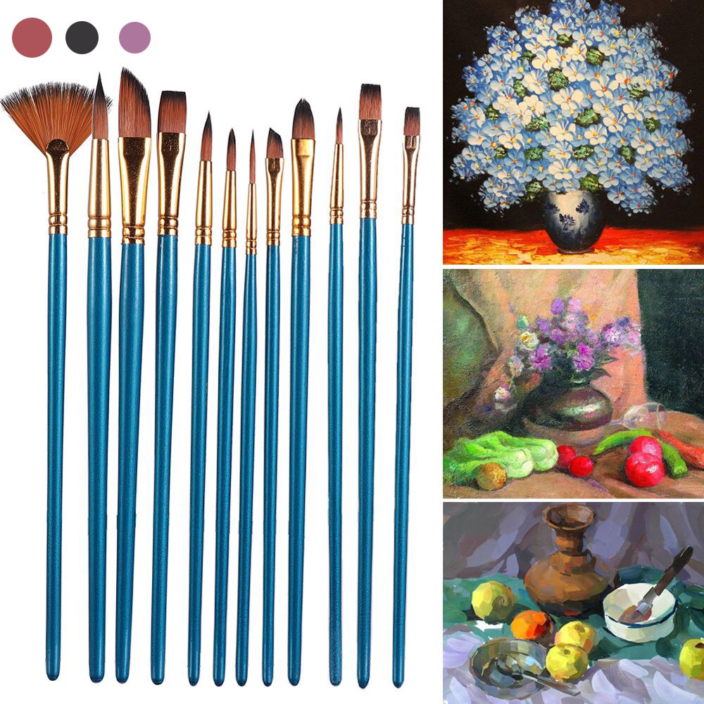 6/10Pcs/set Nylon Hair Blue Wooden Handle Oil Brush Student Watercolor Painting Pen Drawing Art Tool Home DIY Accessory