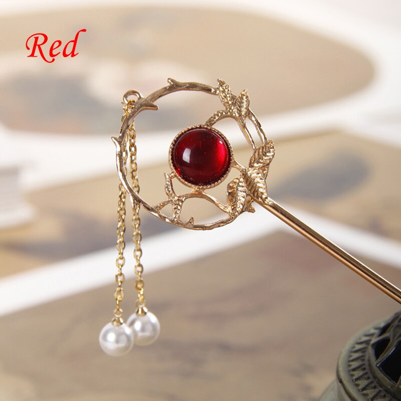 Mode Metalen Haar Sticks Chinese Stijl Vrouwen Haar Pin Clip Haarspelden Eetstokje Hoofddeksels Bruids Bruiloft Sieraden Accessoires: Red