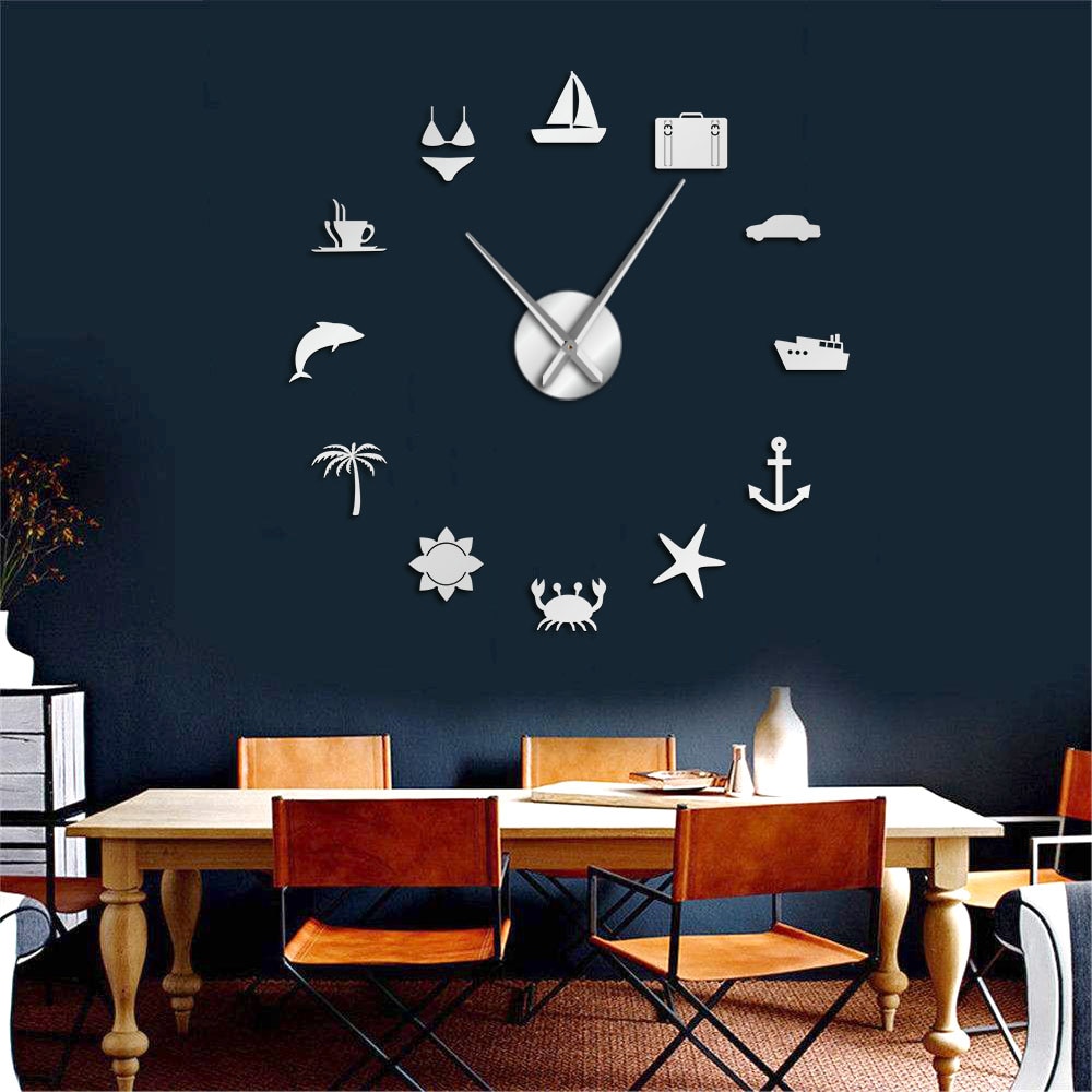 Horloge murale 3D pour le surf, la plage, les , la natation, la voile, le soleil, effet miroir, autocollant décoratif