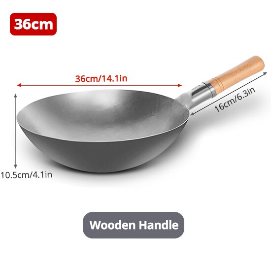 Iron Wok Chinese Traditional Handmade Iron Cook Pot Non-stick Pan Non-coating Gas Cooker Cookware Kitchen Pot Cast Iron Pan: 36cm(wood handle)