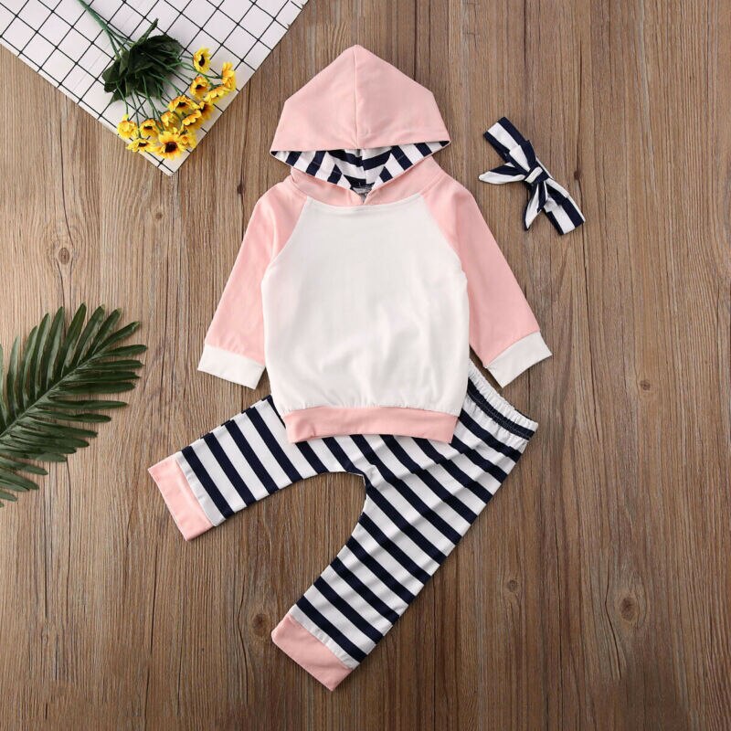 Appena nato Del bambino Della Ragazza 3pz Vestiti impostato con Cappuccio A Maniche Lunghe Magliette e camicette Felpa A Righe Pantaloni Della fascia abiti Abbigliamento
