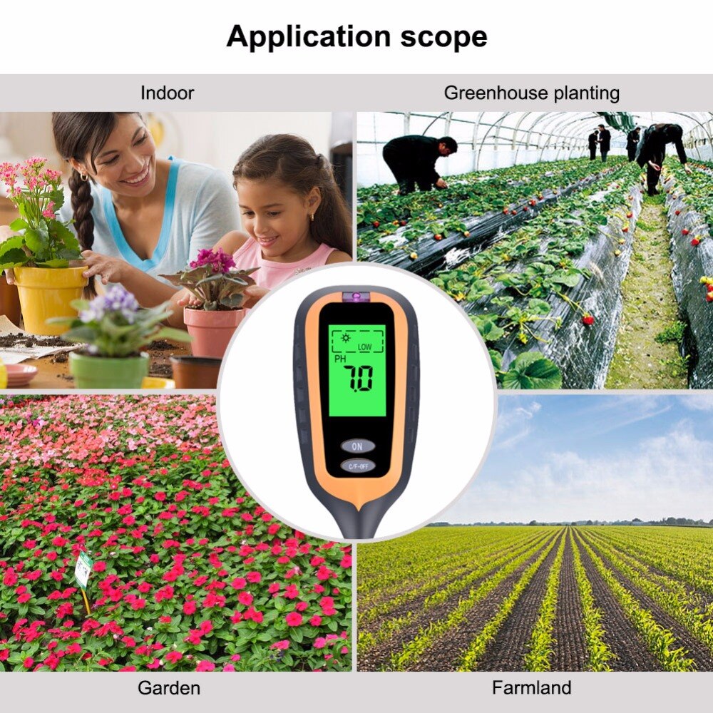 4 IN 1 Digital Soil Moisture Meter PH Meter Temperature Sunlight Tester for Garden Farm Lawn Plant with LCD Displayer