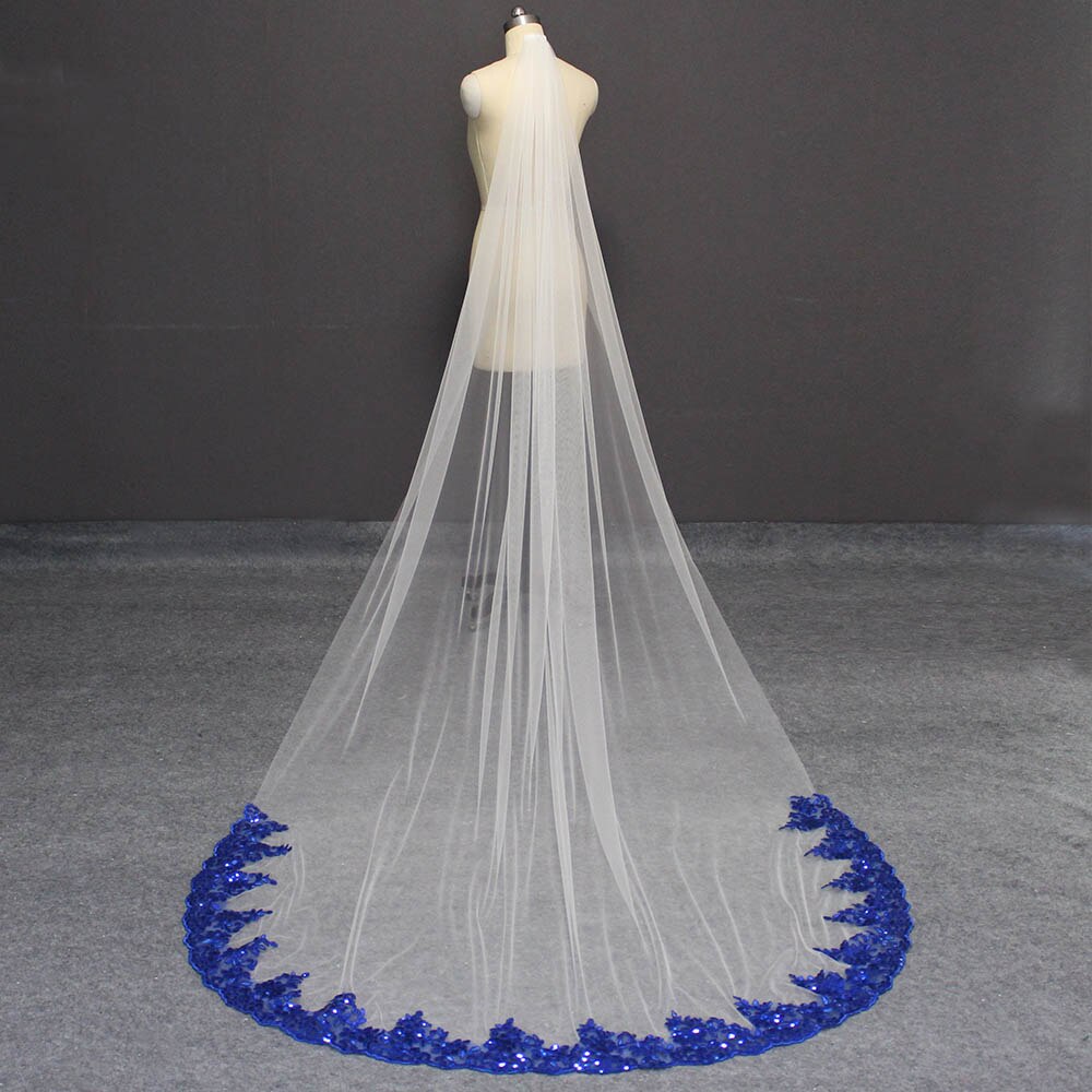 Velo de novia de encaje azul real, velo largo de tul suave blanco marfil, 3 metros de velo de novia con encaje de lentejuelas, accesorios de boda Welony