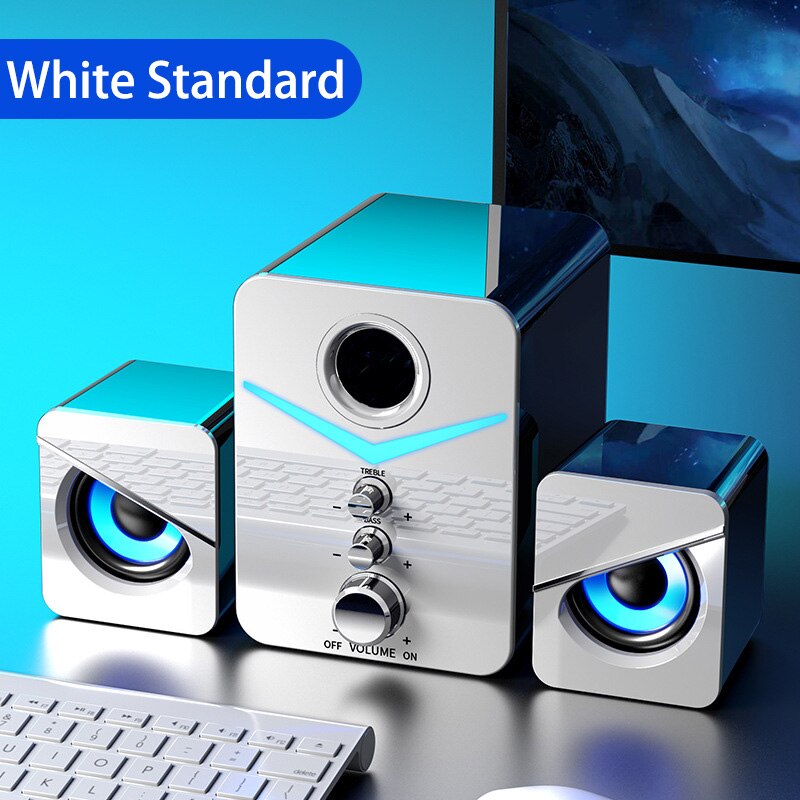 LED Computer Speaker 4D Surround Sound Mini Subwoofer Music Speaker for Laptop Notebook PC Phone Stereo Bluetooth Loudspeaker: D221 White No BT