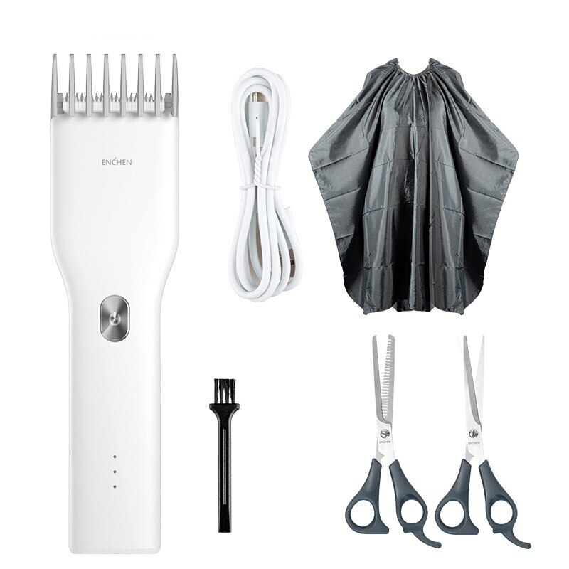 Enchen aparador de cabelo dos homens máquina de cortar cabelo profissional elétrica aparador de barba usb recarregável sem fio máquina de corte de cabelo: White With Scissors