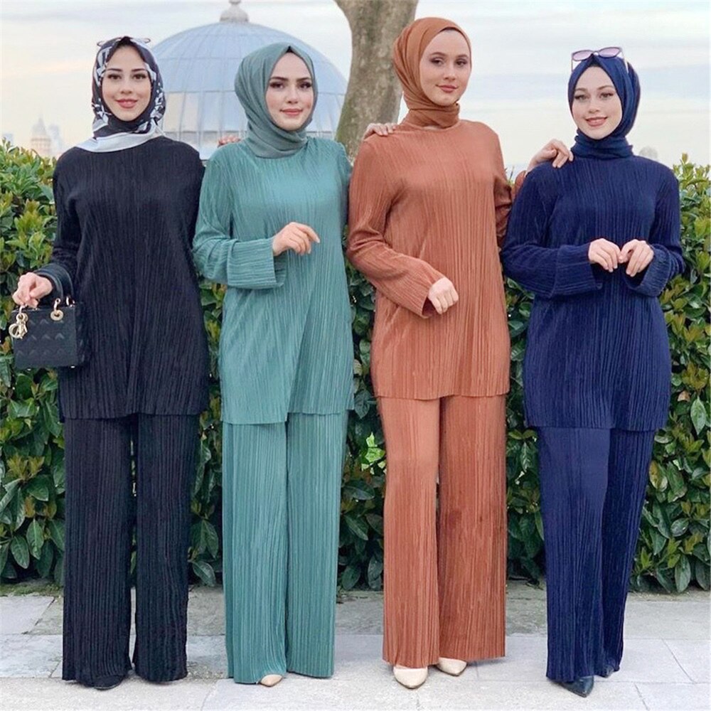 Ensemble 2 pièces pour femmes musulmanes, manches longues plissées, hauts, jambes larges, pantalons, costume, dubaï, Abaya, Kaftan turc, robe Eid Mubarak