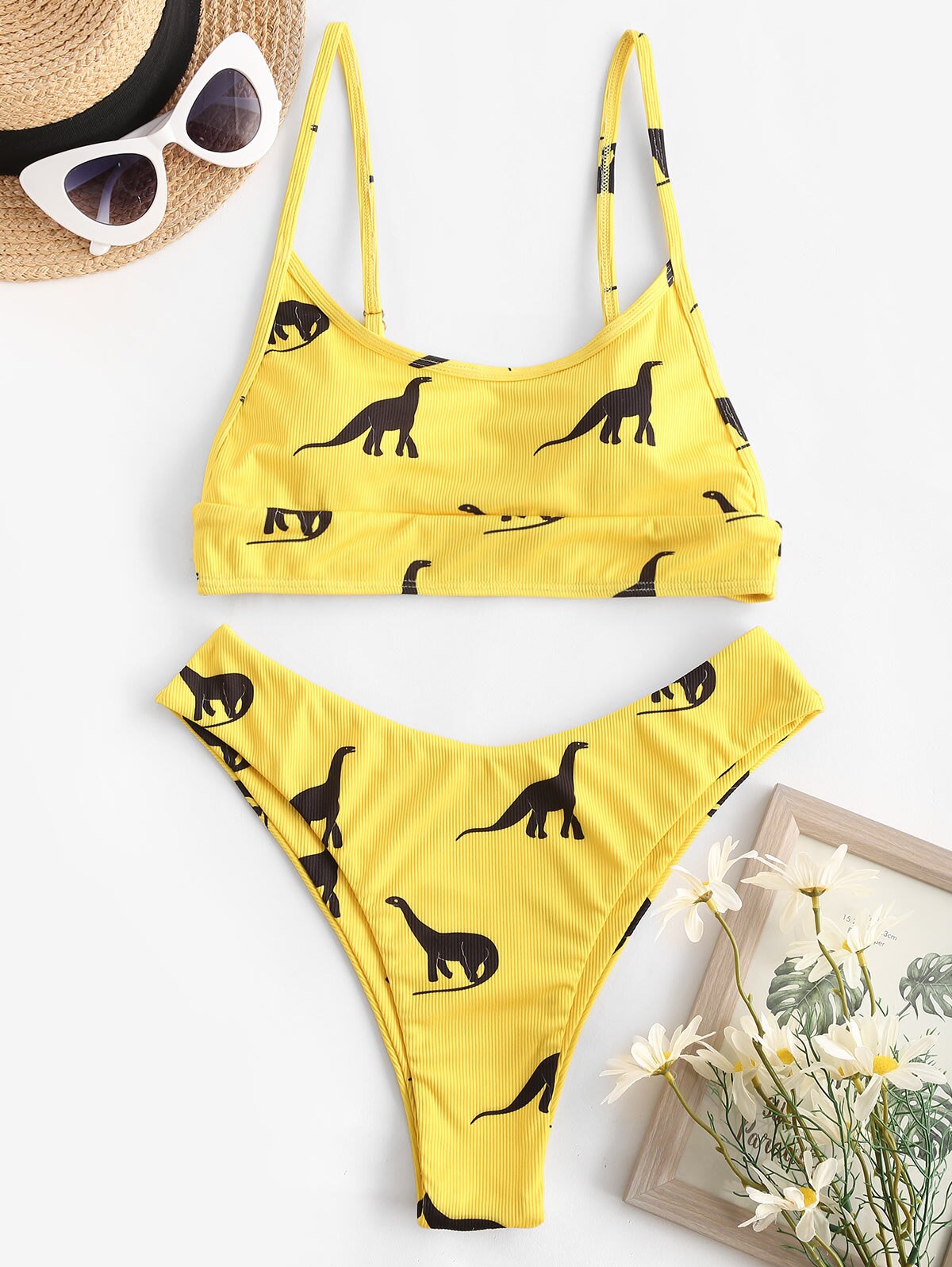 Zaful Dinosaurus Print Geribbelde Hoge Cut Bikini High Cut High Been Bralette Uitneembare Badmode Voor Vrouwen: Yellow / S