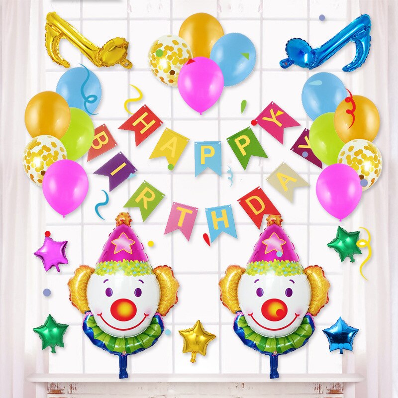 Globos de látex coloridos con estampado de payaso de dibujos animados para niños, confeti verde, decoración para de cumpleaños, suministros para fiestas temáticas