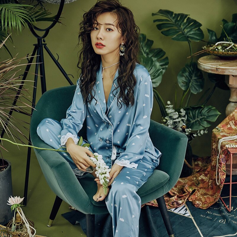 Kobiety satynowa bielizna nocna sweter luksusowy lodowy jedwab piżama odzież domowa kwiaty z długim rękawem koszula nocna zestawy gorąca sprzedaż piżamy