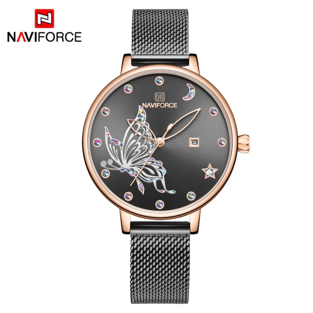 NAVIFORCE Luxe Horloge Vrouwen Mode Jurk Quartz Dames Mesh Rvs 3ATM Waterdicht Casual Horloges voor Meisje: RGB
