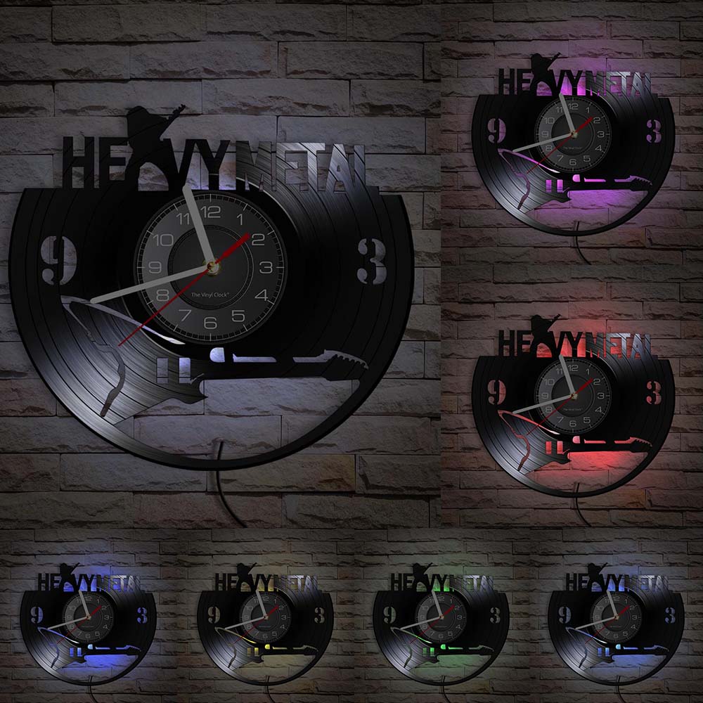 Heavy Metal-Reloj de pared Rock N Roll, moderno, con disco de vinilo, Banda Musical 3D, hecho a mano, para amantes de la música: With LED