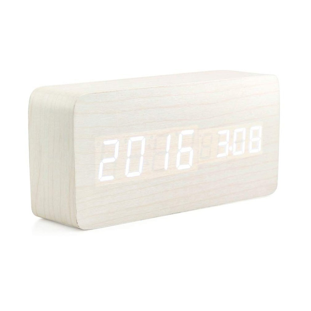 LED Wooden Alarm Clock Watch Table Voice Control Digital Wood Despertador Electronic Desktop USB Powered Clocks Table Decor: white