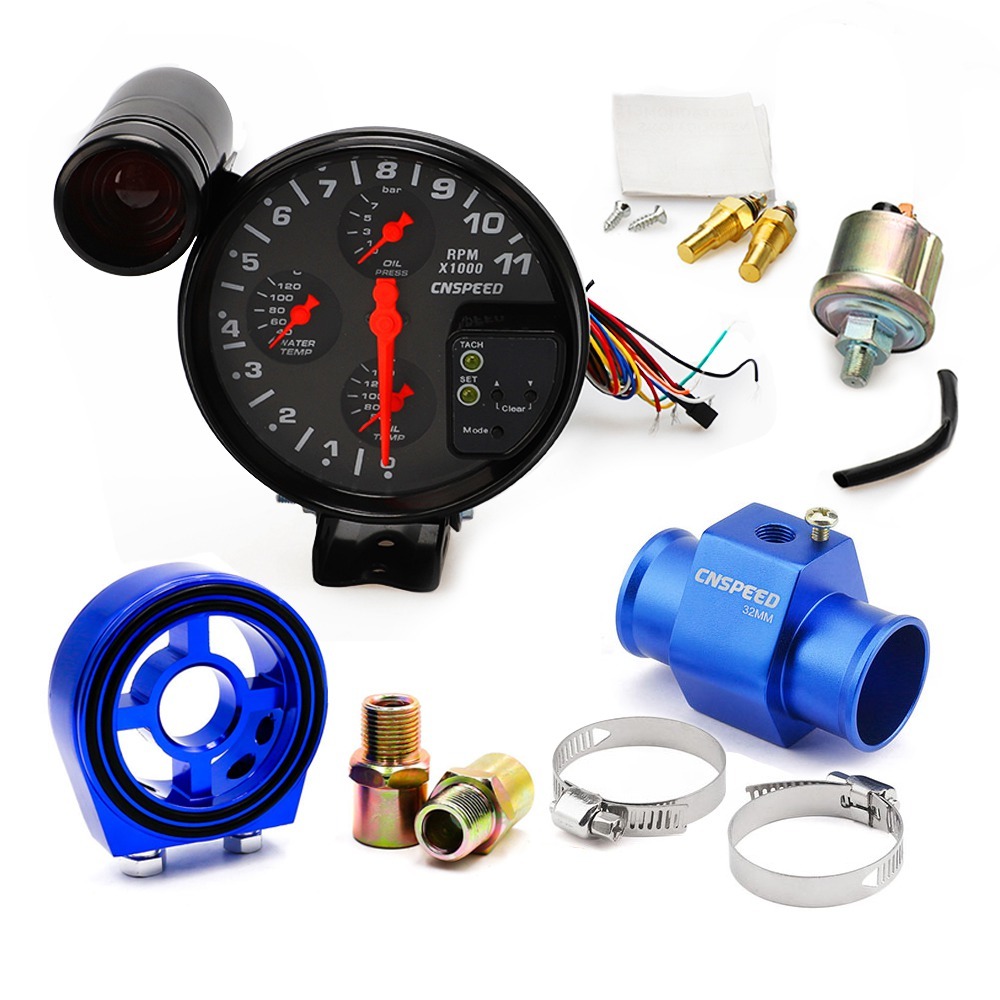 Tachymètre de voiture 5 &quot;4 en 1 avec lumière de changement de vitesse, compteur d&#39;eau, jauge de température d&#39;huile, jauge de pression d&#39;huile et capteur adaptateur: 32 mm sensor