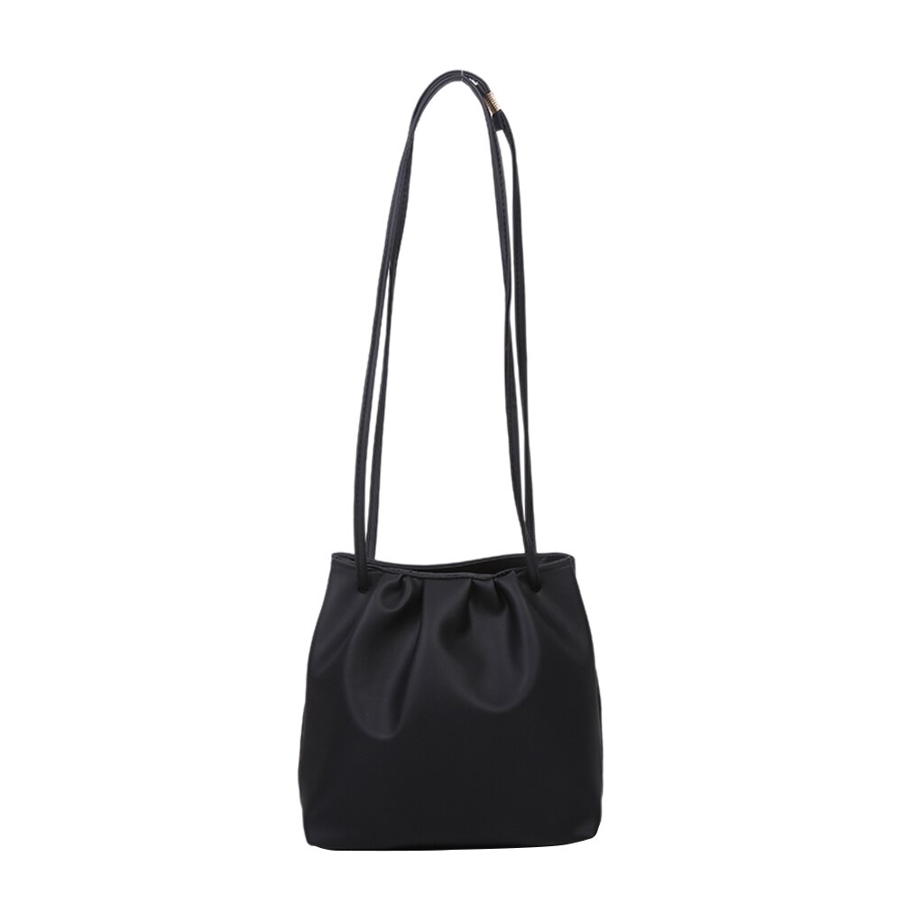 Geplooide schoudertassen dames pu leer eenvoudige emmer messenger pouch klassieke crossbody schoudertas: Zwart