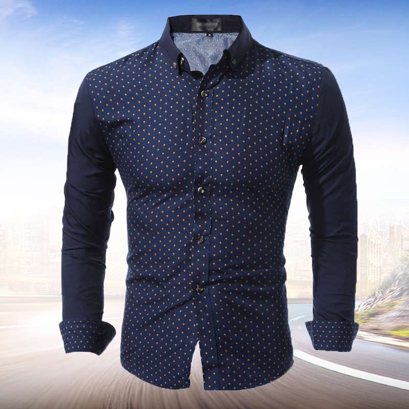 Print Casual Men Long Sleeve Shirt Men Slim Fit Style Stitching Pocket Fabric Soft Comfortable Shirt: Navy