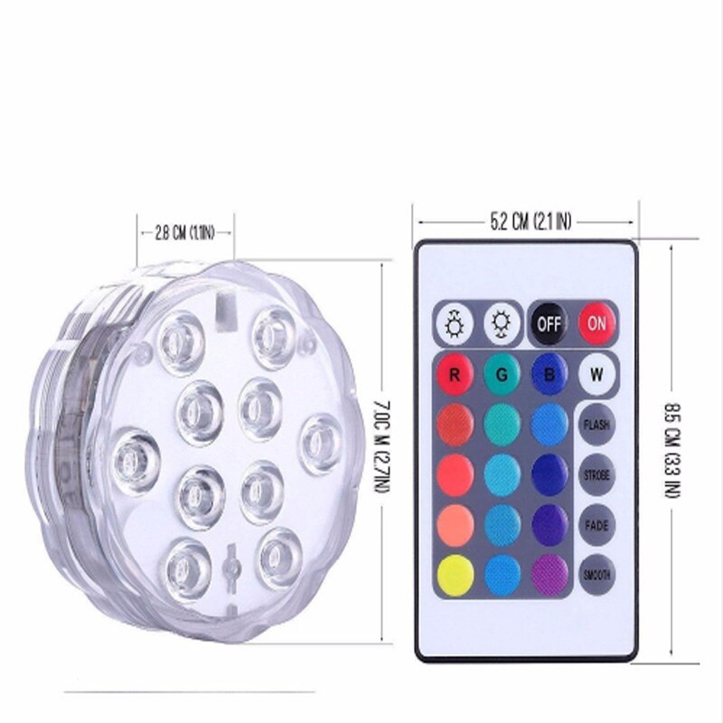 16 farver rgb 10 led undervands natlampe batteri  + 24 nøgle ir fjernbetjening nedsænket lys holdbar led pære bærbar fødselsdag