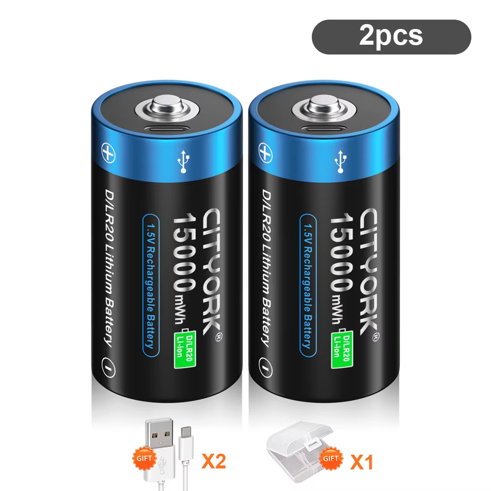 CITYORK-batería de litio recargable tamaño D, 1,5 V, carga USB, baterías de iones de litio R20 LR20 con USB para estufa de Gas, linterna de agua: Negro