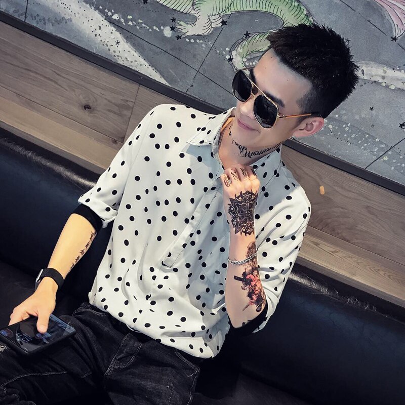 Summer Dress Shirt Men Slim Dot Print Casual Shirt Man Streetwear Trend Wild Short-sleeved Shirt Male Clothes M-2XL